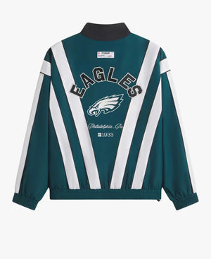 A Philadelphia Eagles themed jacket shown from the back, featuring a dark teal body with bold white diagonal stripes, a black collar, and 'EAGLES' text with the team logo printed on the back.
