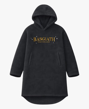 A black fleece hooded sweatshirt with 'BASGIATH WAR COLLEGE' printed in gold and white on the chest, displayed against a light gray background.