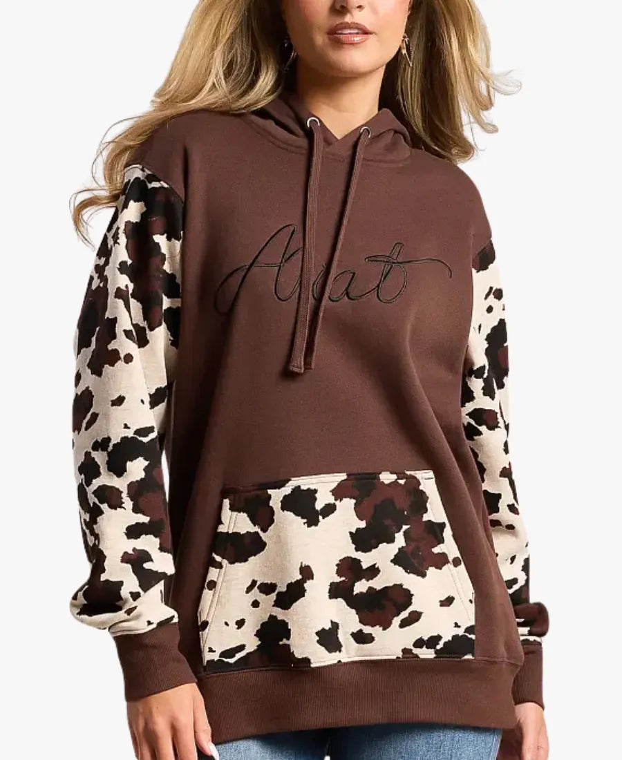 AriatCowPrintBrownPulloverHoodie