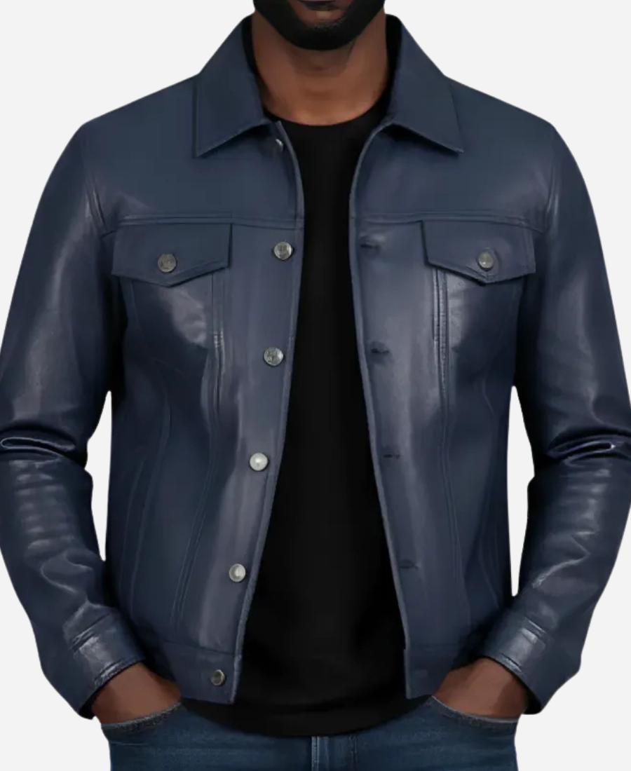 Blue Waxed Leather Trucker Jacket