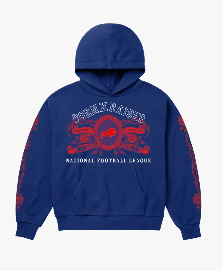 BornxRaisedBuffaloBillsCrestRoyalHoodie