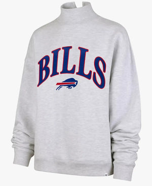 A light heather gray sweatshirt featuring a mock neck collar and the Buffalo Bills logo printed on the chest in navy blue with red outlines.