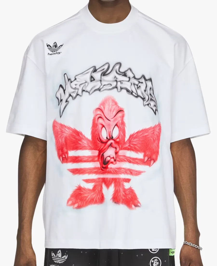 A white short-sleeve t-shirt featuring a red cartoon bird graphic styled like the Adidas logo, with a black graffiti-style outline and a small black Adidas logo on the left chest, worn by a model.