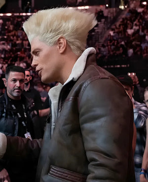 UFC332GuileInTheWildStreetFighterCodyRhodesBrownShearlingLeatherBomberJacket