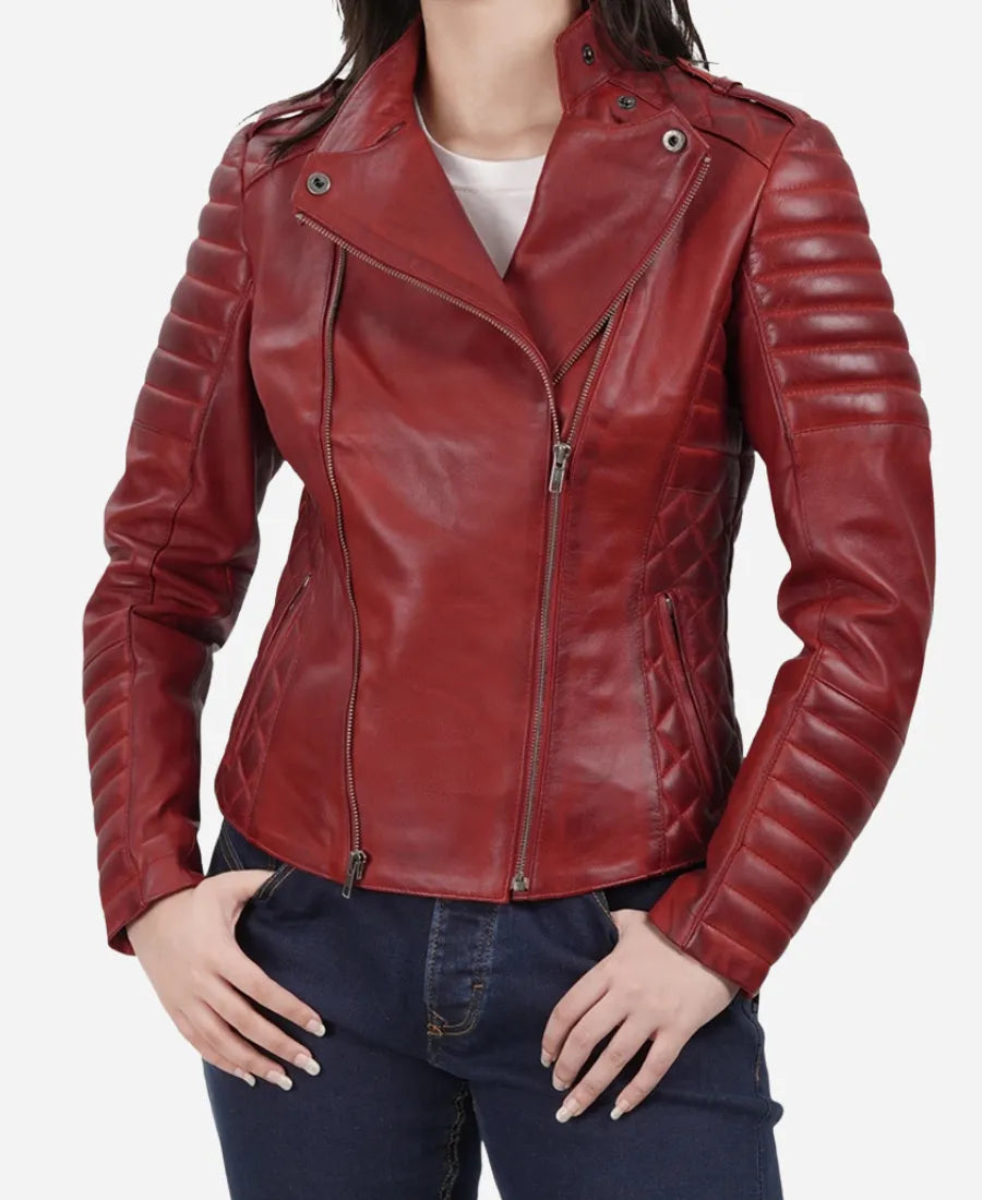 Women Red Leather Biker Style Jacket